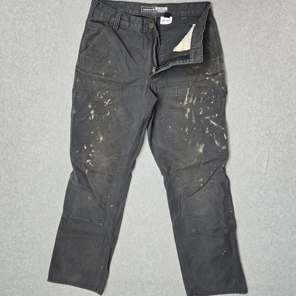 Carhartt Men Pants 32X32 Gray Carpenter Canvas Rugged Duck Double Knee READ